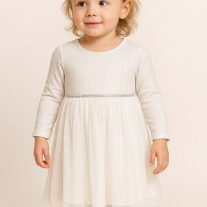 M8) Elegant White Long Sleeve Toddler Tulle Dress with Sparkle Waist – Size 4T